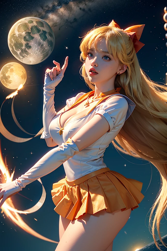 masterpiece, best quality, high resolution, SV1, 1 Girl, Solitary, sailor suit warrior, Sailor Venus, Blonde hair, Magical girl, (blue eyes:0.8), orangeskirt, Elbow gloves, Headdress, Pleated Skirt, Hairpin, Orange sailor collar, mini skirt, Necklace, Red bow tie, orange Necklace, White gloves, Very long hair, jewelry, earrings, close up,(Huge breasts、Cleavage, cleveage、Big Ass、Thick thighs)), Perfect body、 whole body, Dynamic poses, space background, meteor, Strong beam,