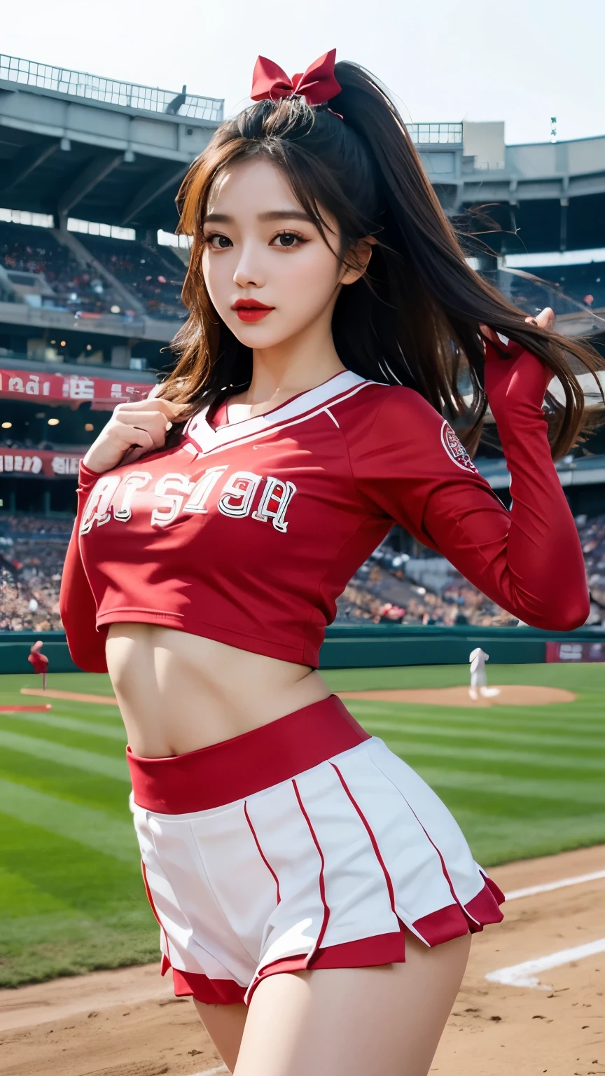 Beautiful girl, Korean makeup, Red lips, medium body, medium chest, femoral, baseball cheerleader outfit, jumping position, stadium landscape