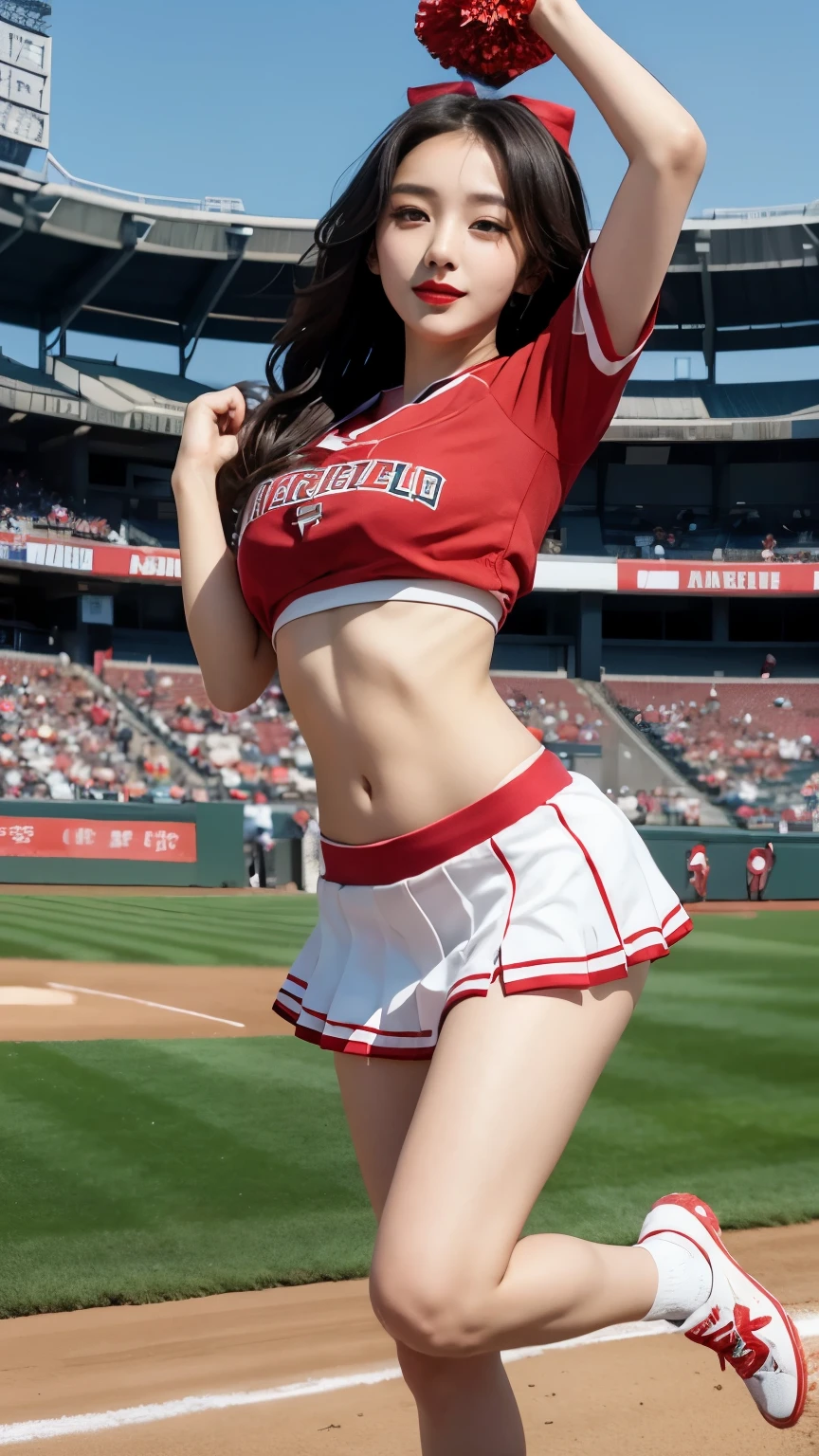 Beautiful girl, Korean makeup, Red lips, medium body, medium chest, femoral, baseball cheerleader outfit, jumping position, stadium landscape