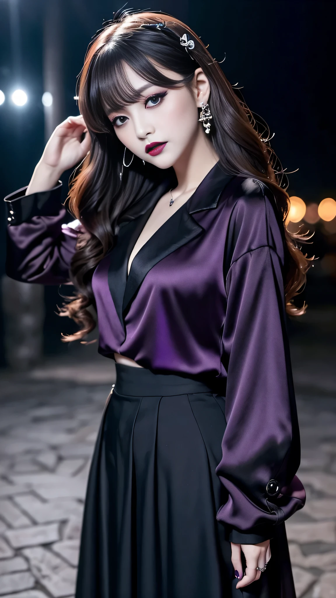 2girls、best quality、ultra-detailed、4k、Japanese、Seductive beauty、seductive adult woman、Pretty Woman、cool girl、Villainess、Brainwashed、brainwash、Fallen into evil、smirk、Evil look、Wicked Smile、evil、Brown hair、wavy hair、swept bangs、dark makeup、dark makeup、piercing eyes、hollow eyes,half-closed eyes、Hollow Eyes、Purple Eyeshadow、black lipstick、black lipglos、suit、Jacket、blouse、Black Ribbon、Long skirt、slit、Beautiful feet、Put your hands behind your back、night、Eerie Citadel、Are standing、