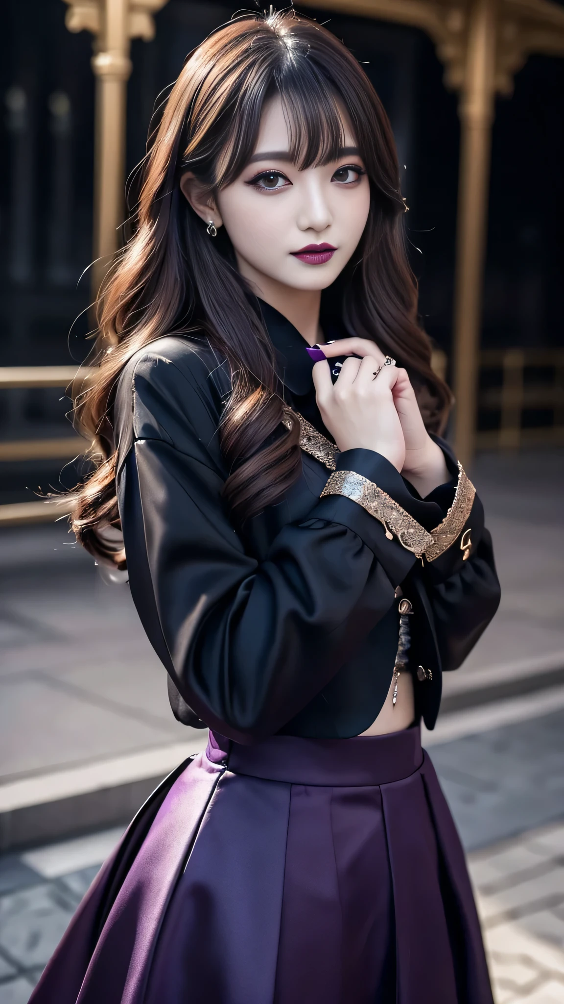 2girls、best quality、ultra-detailed、4k、Japanese、Seductive beauty、seductive adult woman、Pretty Woman、cool girl、Villainess、Brainwashed、brainwash、Fallen into evil、smirk、Evil look、Wicked Smile、evil、Brown hair、wavy hair、swept bangs、dark makeup、dark makeup、piercing eyes、hollow eyes,half-closed eyes、Hollow Eyes、Purple Eyeshadow、black lipstick、black lipglos、suit、Jacket、blouse、Black Ribbon、Long skirt、slit、Beautiful feet、Put your hands behind your back、night、Eerie Citadel、Are standing、
