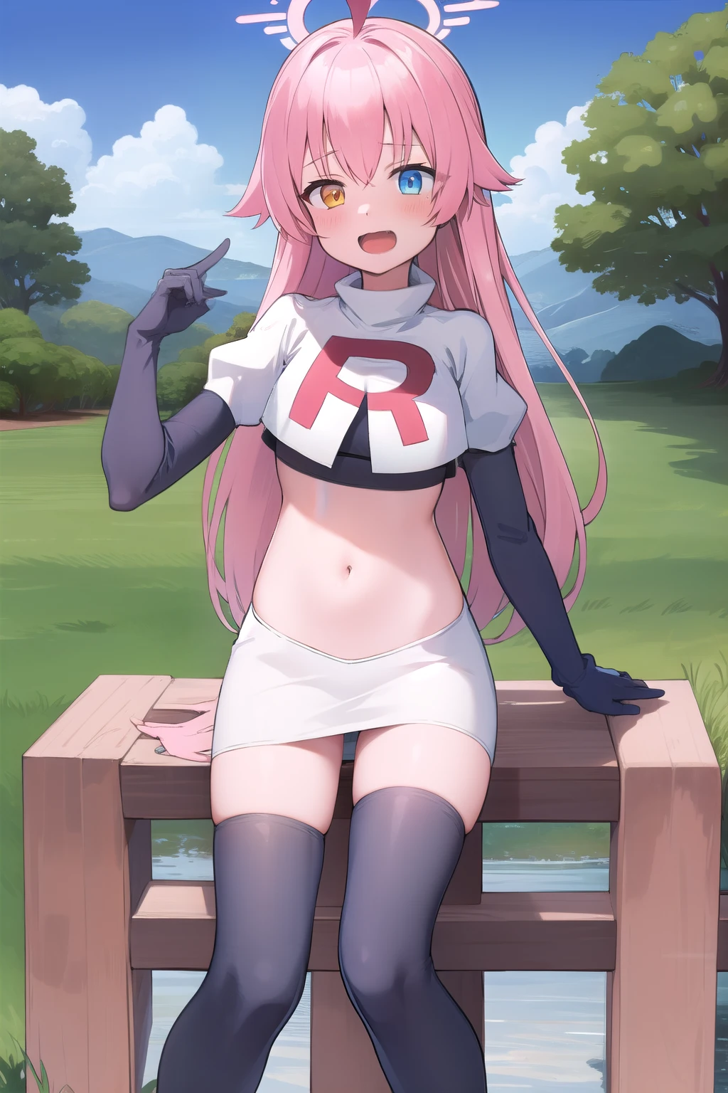 masterpiece, best quality, ultra-detailed, 1girl, hoshino, team rocket,team rocket uniform,white skirt,red letter R,crop top,black thigh-highs,black elbow gloves, outdoors 