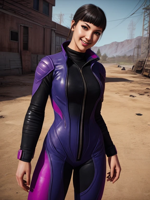 1girl, solo, highly insanely detailed, masterpiece, top quality, best quality, highres, 4k, 8k, RAW photo, fallout style, lineart, smile, 1girl, Juri Han, vault jumpsuit, purple and black jumpsuit. 