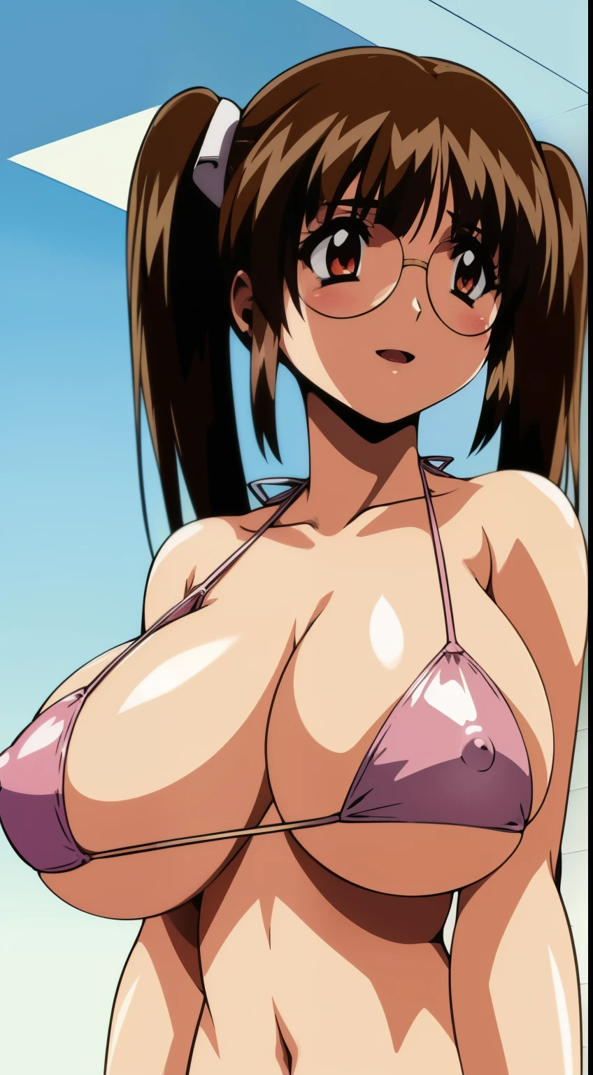 From below,NSFW,1girl in,(Nipple Show :1.4),(The bikini:1.4),(night beach:1.3),(gigantic breasts:1),Twintail,Brown hair,eye glass,blush,happy