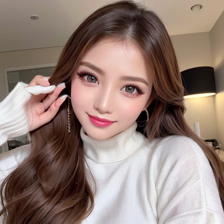 ((highest quality, Tabletop, Ultra-high resolution、The most complex and detailed depiction))、(Very bright lighting:1.1)、(Long Wavy Hair:1.05), (Accurate anatomy:1.1)、Color Contact Lenses、Perfect Makeup、Long eyelashes、lipstick、Highly saturated eyeshadow、Purple Lingerie, Accentuate your body lines、(Big and ample breasts:1.1)、perfect turtleneck knit sweater、blurred background, look at me and smile、Luxury Room、(Face close-up:1.1)、(Ultra-high resolution光沢, Fair skin:1.1)、Ultra-high resolutionの顔、Ultra-high resolutionの髪、Ultra-high resolution sparkling eyes、Ultra-high resolution glossy lips、(very brightly illuminated white skin:1.1)、Beautiful face drawn in every detail、Ultra-high resolution perfect beautiful teeth、(very bright and vivid:1.1)
