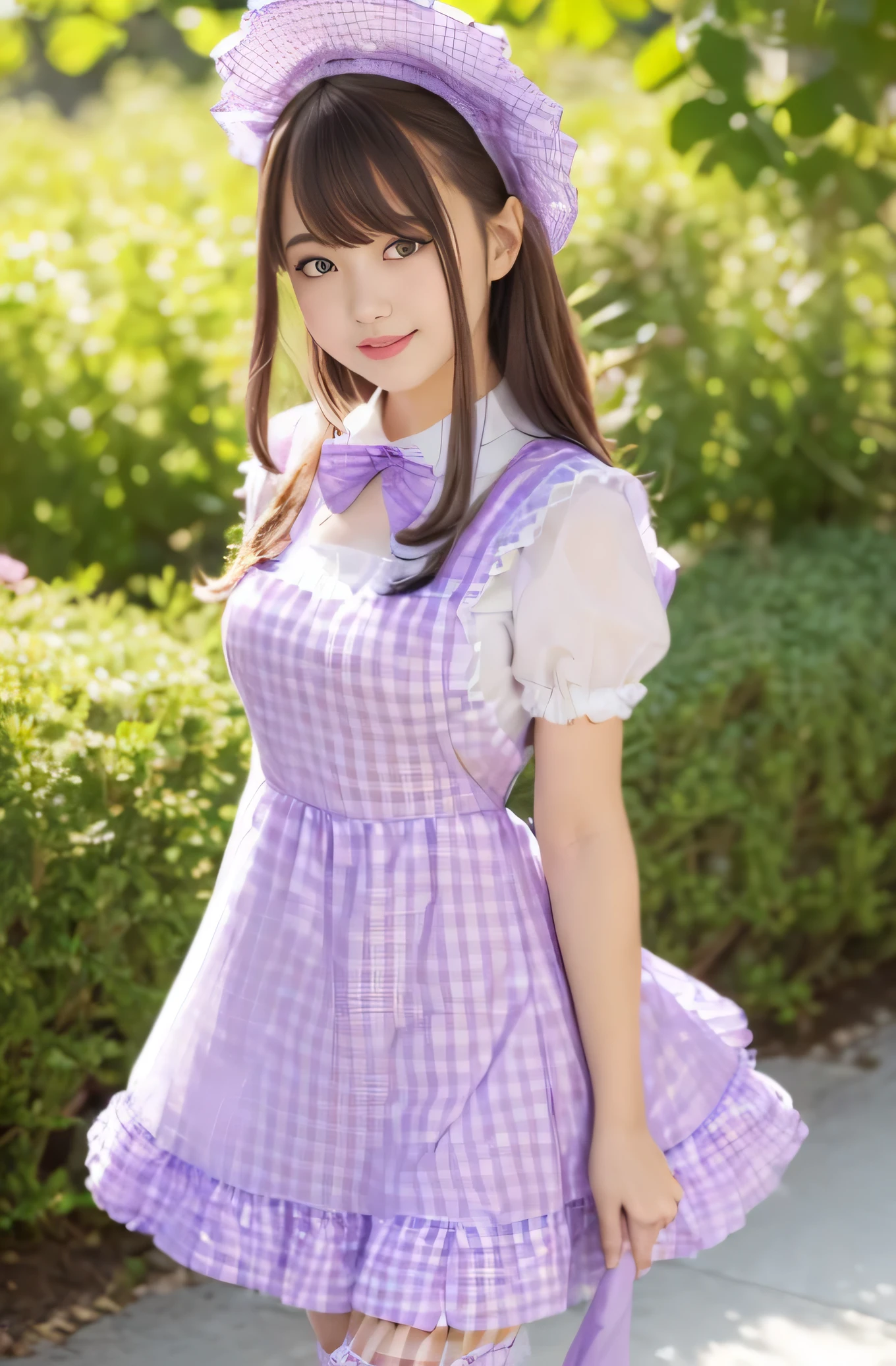 Angelic Very beautiful cute girl,,
Beautiful detailed eyes,
Detailed double eyelids,
(Large eyes:1.4),
Long straight brown hair,
see-through bangs,
Sharp Focus,small straight nose,
beautiful detailed face and eyes,
drooping eyes,
(Soft Saturation: 1.3), (Fair skin: 1.2),BREAK (pastel purple gingham maid costume :1.5),
(costume with strong reflective surfaces:1.5), Walking,
Costume lighting,
In the street ,
(Brown hair:1.3),(ginghham Maid costume:1.5), (smile:1.4),(slender:1.2)