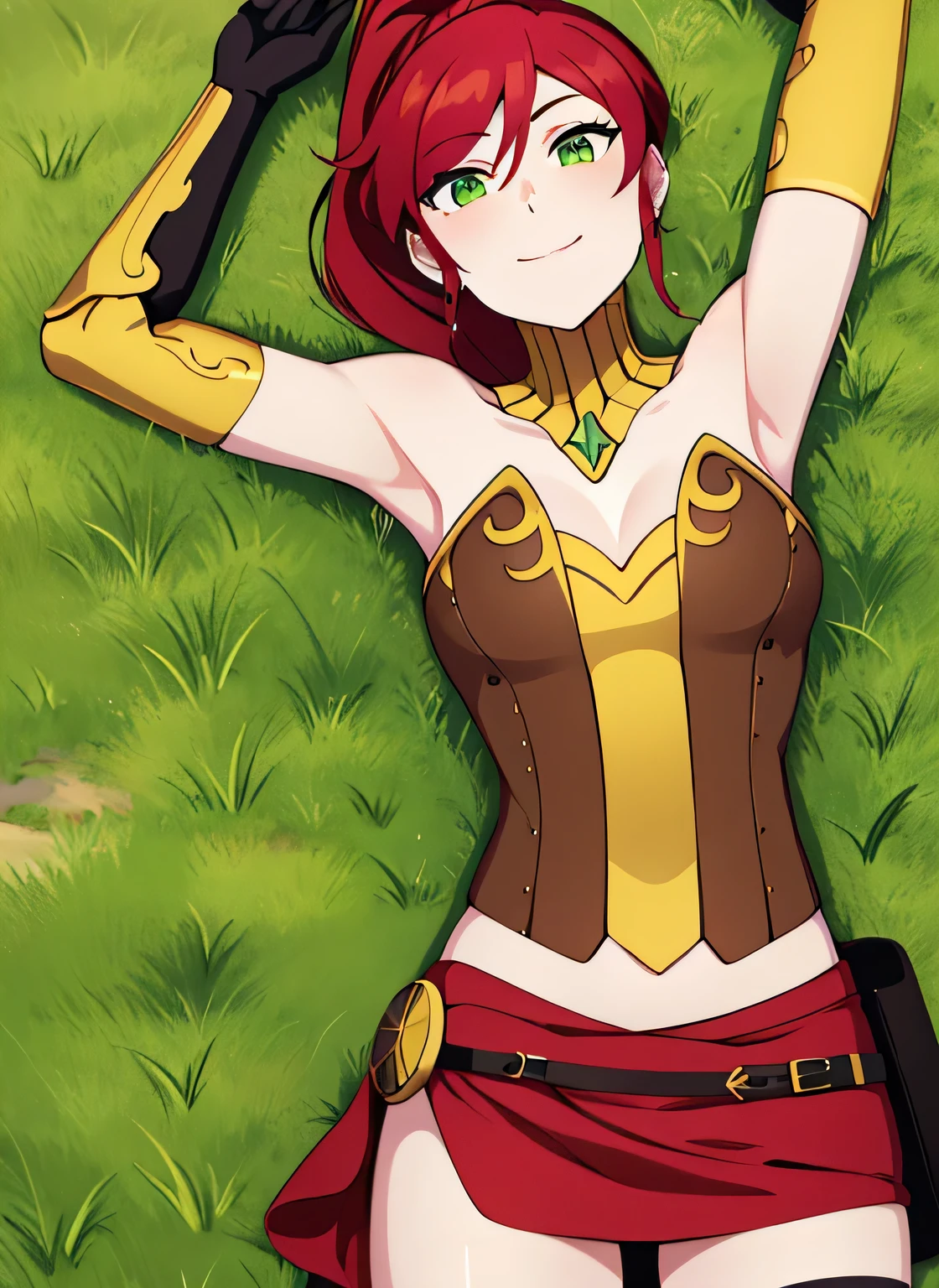 ((best quality)), ((highly detailed)), absurdres, (detailed eyes, deep eyes), (1girl), pyrrha nikos, rwby, red hair, ponytail, green eyes, medium breasts, smiling, circlet, bustier, bare shoulders, skirt, elbow gloves, bracers, solo, (cowboy shot:1.5), on back, lying, arms up, on grass, spread arms, shy smile, looking at viewer,