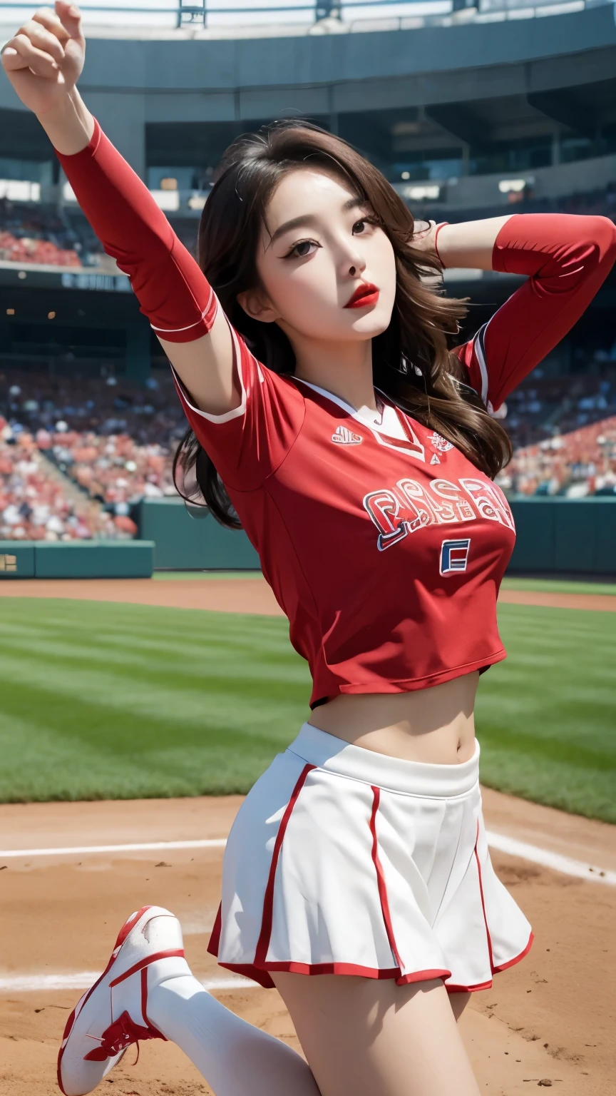 Beautiful girl, Korean makeup, Red lips, medium body, medium chest, femoral, baseball cheerleader outfit, jumping position, stadium landscape