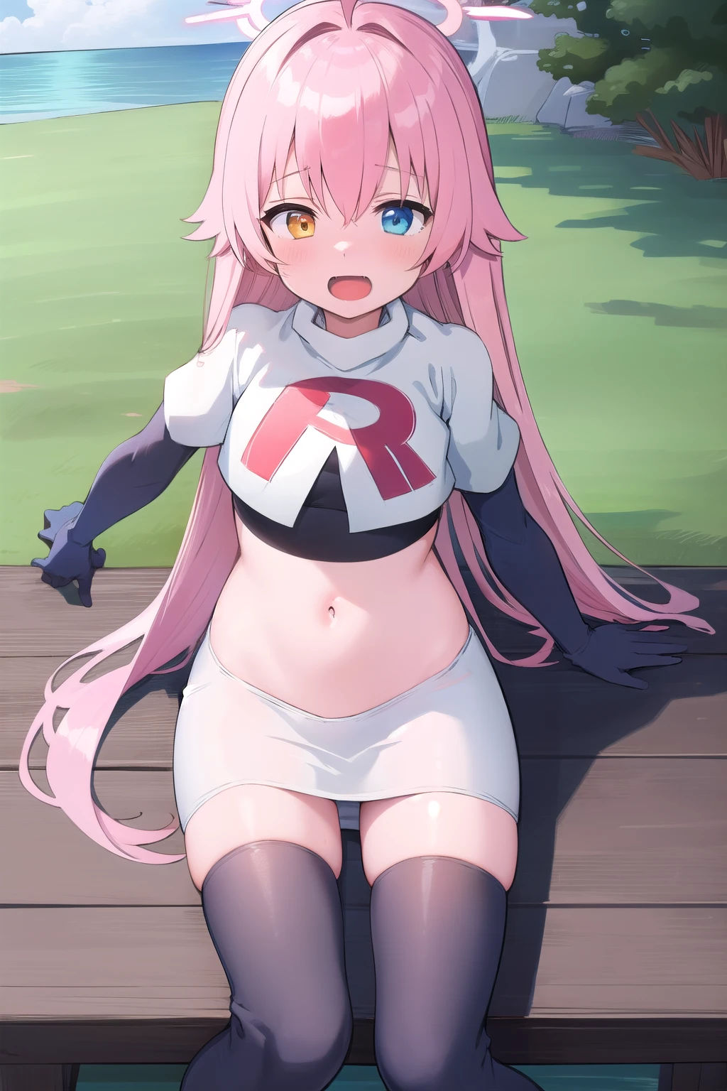 masterpiece, best quality, ultra-detailed, 1girl, hoshino, team rocket,team rocket uniform,white skirt,red letter R,crop top,black thigh-highs,black elbow gloves, outdoors