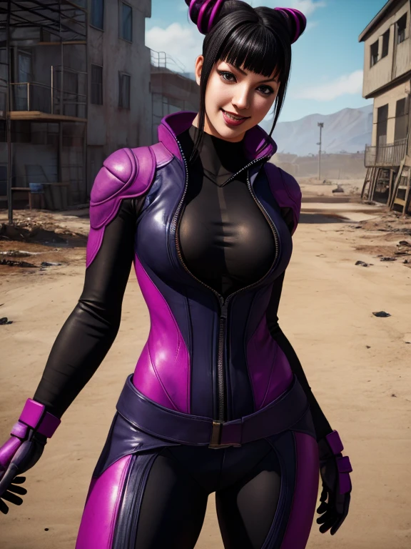 1girl, solo, highly insanely detailed, masterpiece, top quality, best quality, highres, 4k, 8k, RAW photo, fallout style, lineart, smile, 1girl, Juri Han, vault jumpsuit, purple and black jumpsuit. 