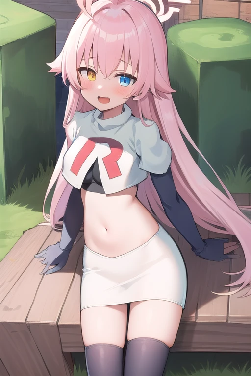 masterpiece, best quality, ultra-detailed, 1girl, hoshino, team rocket,team rocket uniform,white skirt,red letter R,crop top,black thigh-highs,black elbow gloves, outdoors
