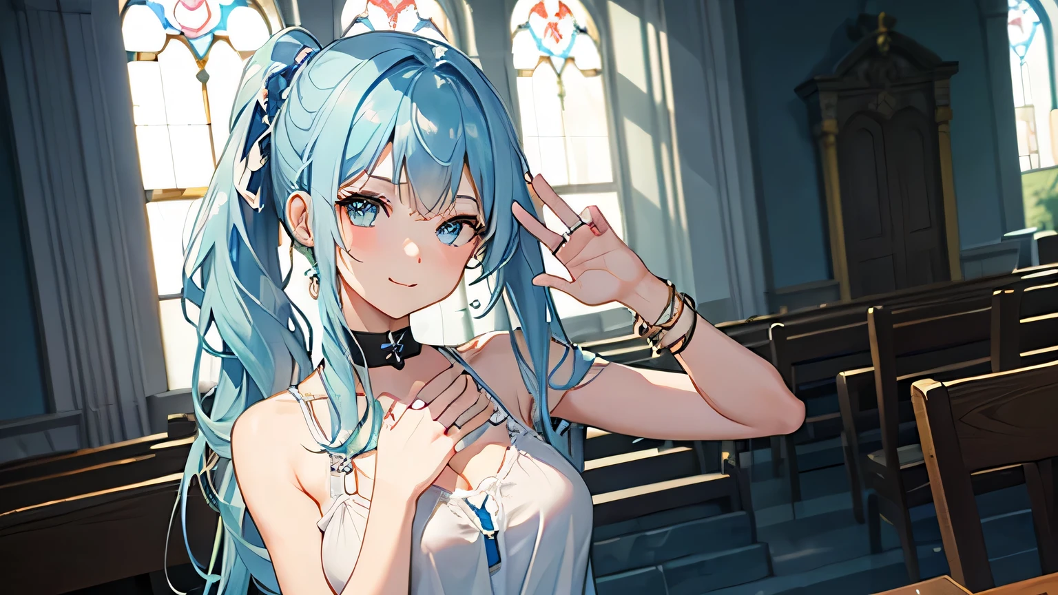 One Girl Beautiful girl with light blue hair in a ponytail Beautiful eyes shoulders exposed camisole Big Breasts Facing forward Inside the church smile fine Waving both hands Wearing a bracelet Wearing a ring