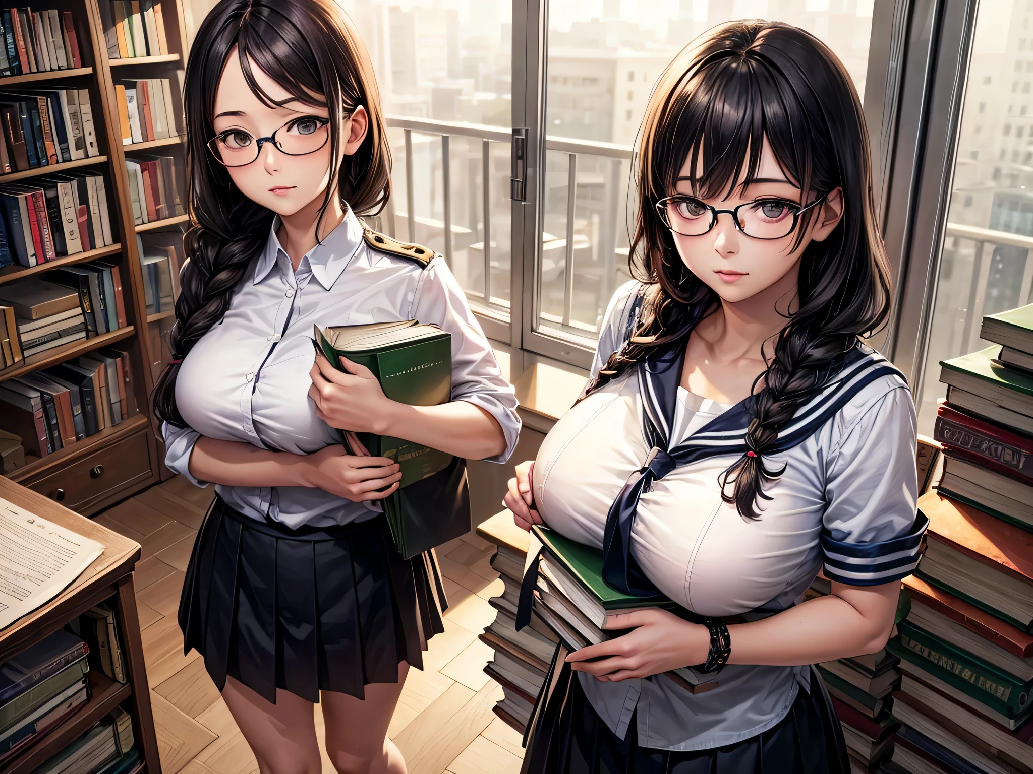 masutepiece, Best Quality, ultla detailed, Realistic, hight resolution, 8K, braided, glasses, library, Girl in uniform, serafuku, White shirt, Black skirt, Black hair, carried breast rest, carrying, stack of books, carry a pile of books, armband