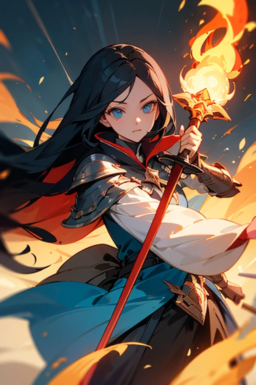 ((best quality)), ((masterpiece)), (detailed), perfect face
1 girl
Diamond blue eyes emitting light and long black hair
Magical hat and cape
red Mage armor
magic staff and sword enchanted with fire
fire aura emitting form her