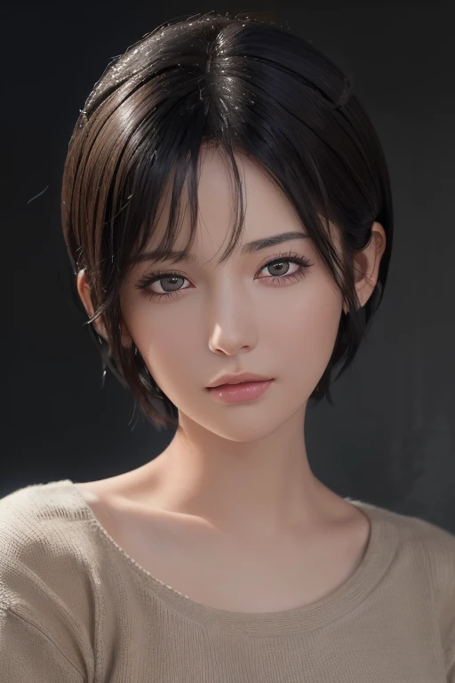 (masterpiece:1.3), (8k, photorealistic, RAW photo, best quality: 1.4), (1girl), beautiful face, (realistic face), (black hair, short hair:1.3), beautiful hairstyle, realistic eyes, beautiful detailed eyes, (realistic skin), beautiful skin, (sweater), absurdres, attractive, ultra high res, ultra realistic, highly detailed, golden ratio