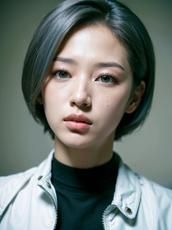 ((highest quality)), ((masterpiece)), (detailed), Perfect Face, Cool eyes, Fair skin, Short Bob Hair, Bluish grey hair, White rubber jacket, High neck collar