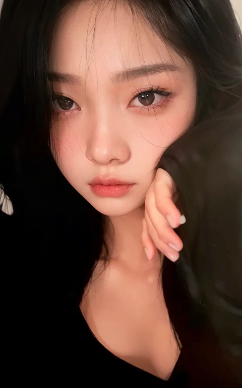 a close up of a woman with long black hair and a black shirt, jinyoung shin, heonhwa choe, blackpink jennie, jaeyeon nam, lee ji - eun, lee ji-eun, beautiful south korean woman, seseon yoon, lovely delicate face, jiyun chae, hwang se - on, kwak ji young, sakimichan
