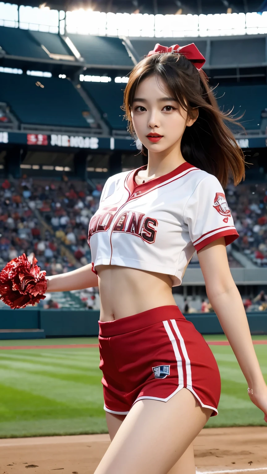 Beautiful girl, Korean makeup, Red lips, medium body, medium chest, femoral, baseball cheerleader outfit, jumping position, stadium landscape