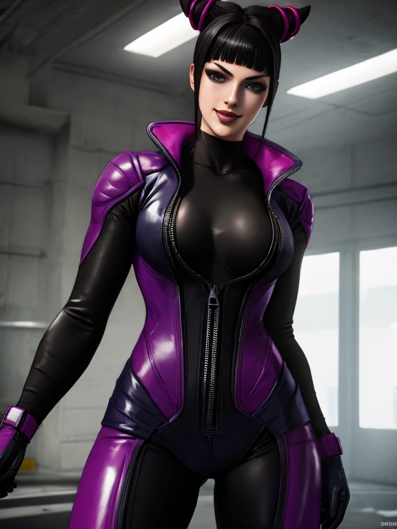 1girl, solo, highly insanely detailed, masterpiece, top quality, best quality, highres, 4k, 8k, RAW photo, fallout style, lineart, smile, 1girl, Juri Han, vault jumpsuit, purple and black jumpsuit. 