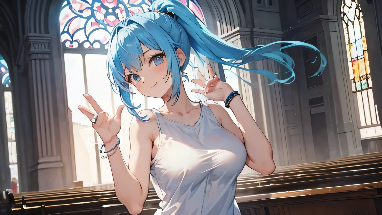 One Girl Beautiful girl with light blue hair in a ponytail Beautiful eyes shoulders exposed camisole Big Breasts Facing forward Inside the church smile fine Waving Wearing a bracelet Wearing a ring