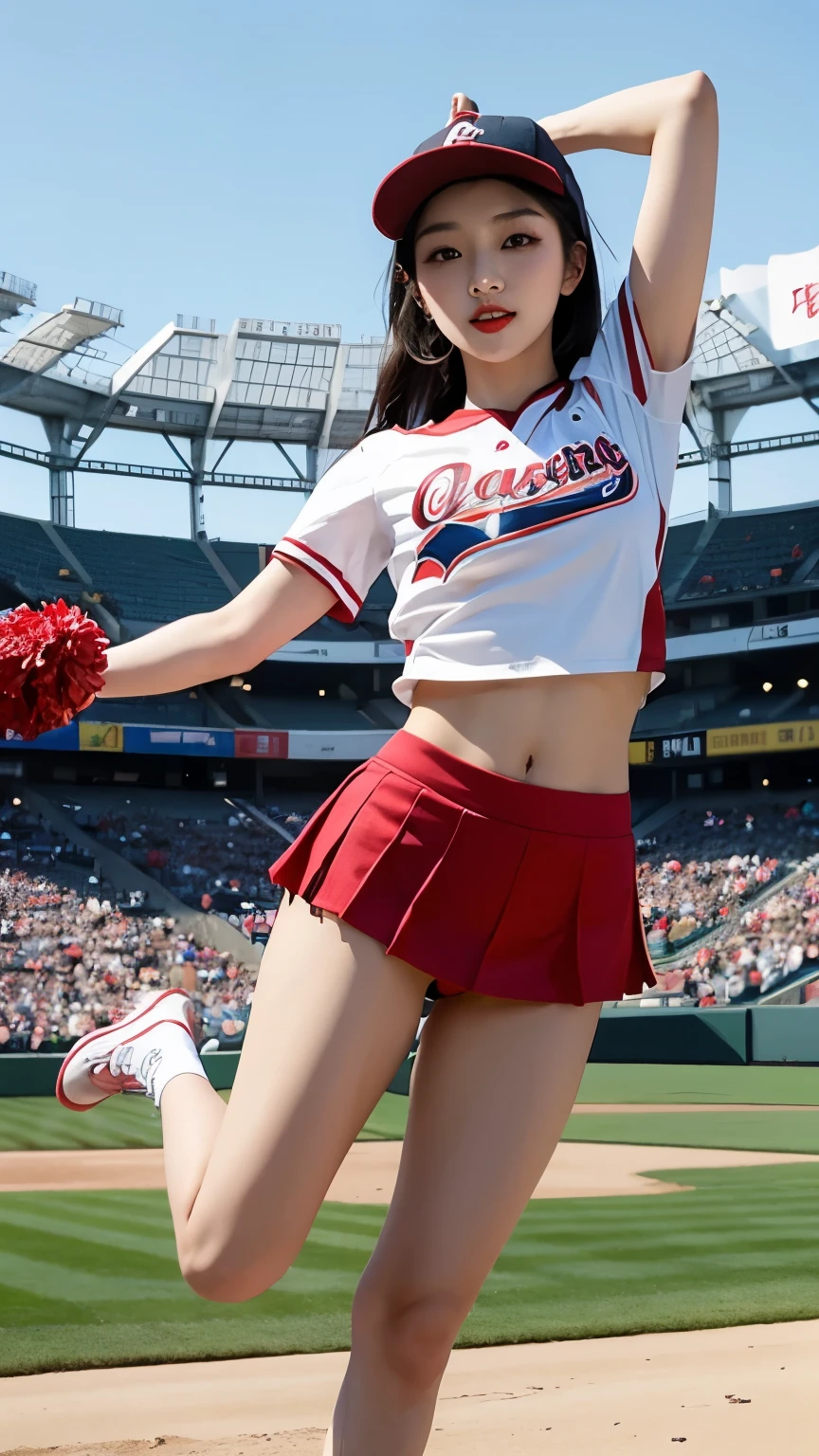 Beautiful girl, Korean makeup, Red lips, medium body, medium chest, femoral, baseball cheerleader outfit, jumping position, stadium landscape