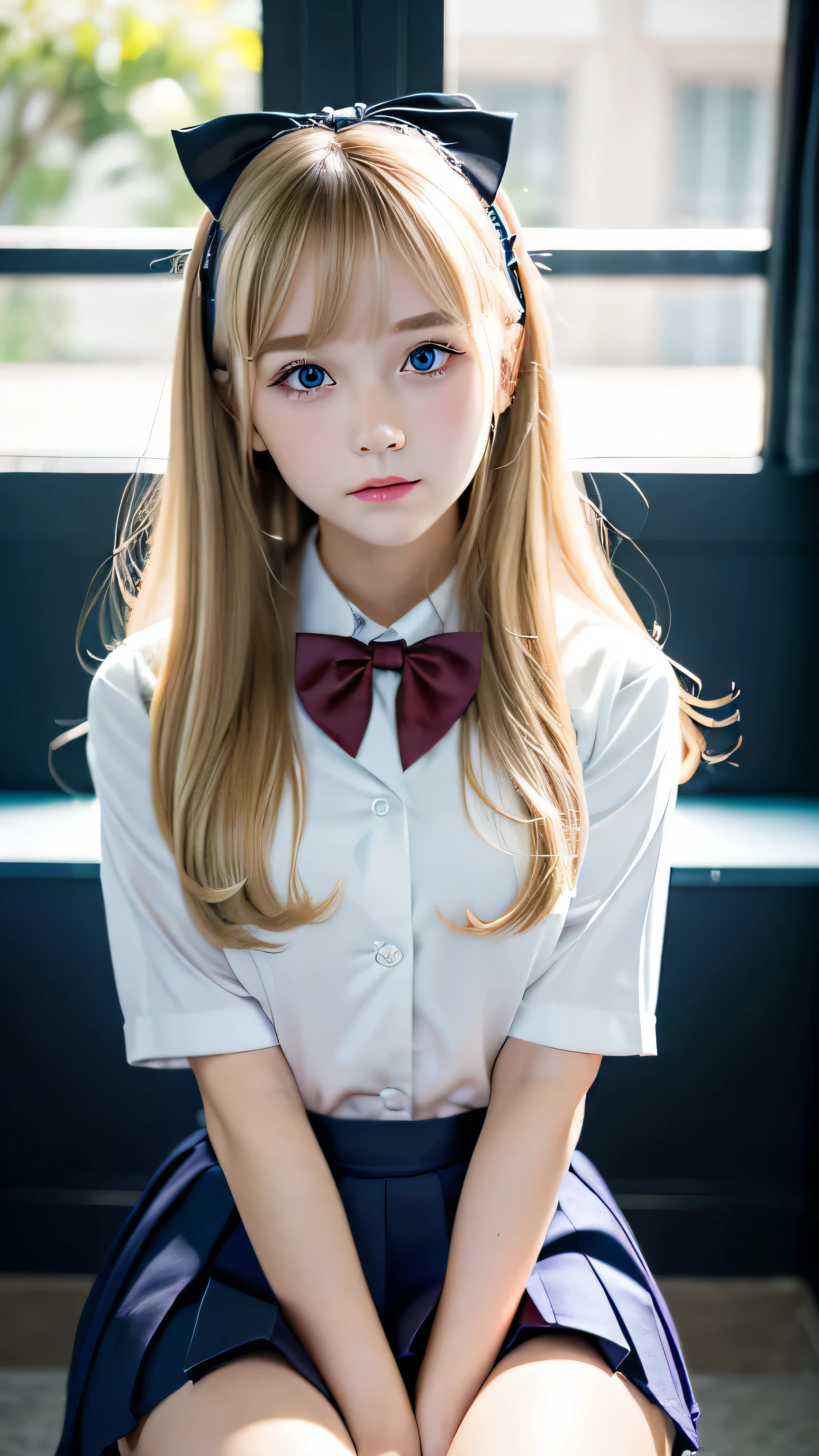 (pieza vuela, mejor calidad:1.2), desde arriba, 8k, arte oficial, foto cruda, incredibly stupid, (parte superior del cuerpo todo el cuerpo, uniforme de marinero, serafuku, Wariza sentada:1.4), flexible、rubia hermosa chica, cabello rubio encima de los ojos、idol face, arch backwards, falda plisada, muslos, primer plano de los senos, , super long straight blonde silky hair、Grandes ojos azul claro、Hermosos reflejos de ojos, gardenia, violacea, Diez generaciones, aula, mirando al espectador, Sin maquillaje, film grain, chromatic aberration, Tits sharp focus, luz de la cara, dynamic lighting, cinematic lighting, cara detallada, fondo bokeh, (Pajarita rojo oscuro:1.3)、Una chica hermosa e incomparable、beautiful face、Cara redonda、rico busto、reflejos en las mejillas、piel blanca y hermosa