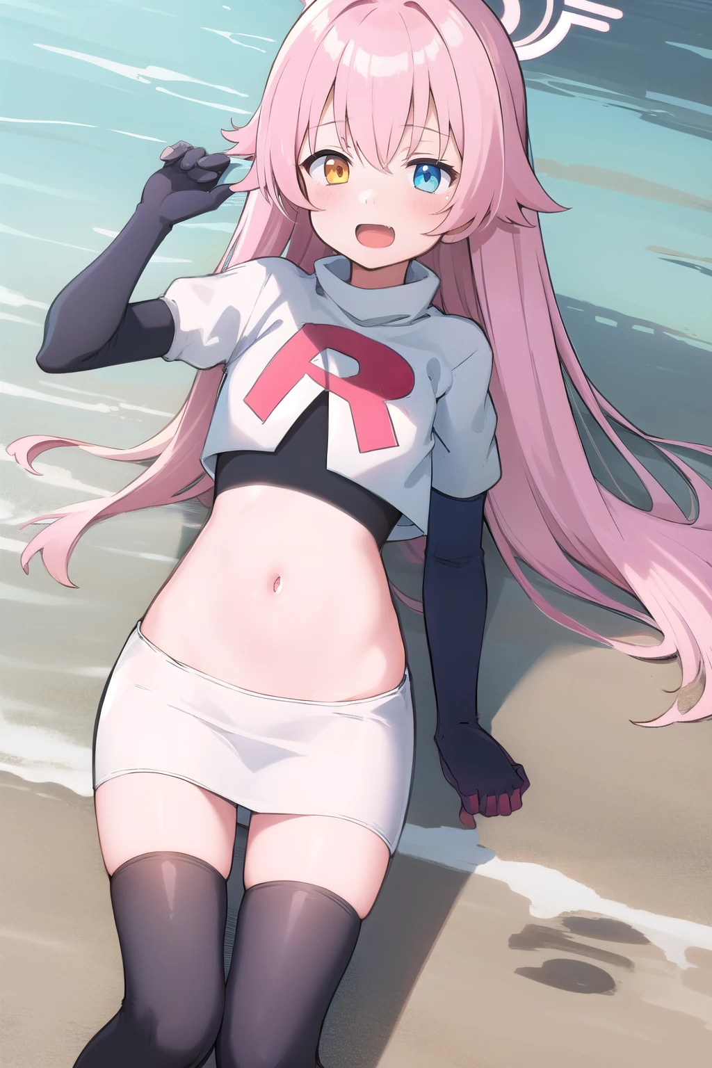 iono1, long hair, masterpiece, best quality, highres, 1girl, solo, fang, skin fang, short hair, (mole on thigh:0.8), bangs, hair behind ear, purple eyes, hair ornament, open mouth, beach, smile, squatting, small chest, short height, , flat chest, small, cleavage, ((bare shoulder)), exposed, loose shirt, navel, presenting armpit