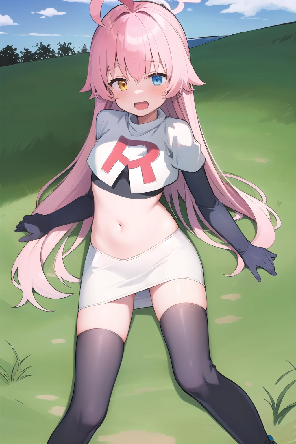 masterpiece, best quality, ultra-detailed, 1girl, hoshino, team rocket,team rocket uniform,white skirt,red letter R,crop top,black thigh-highs,black elbow gloves, outdoors 