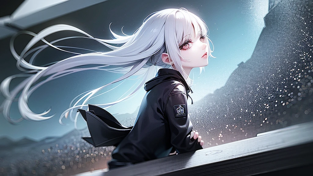 White-skinned Korean girl with white eyes and eyelashes, sobre un paisaje nevado blanco estilo cyberpunk