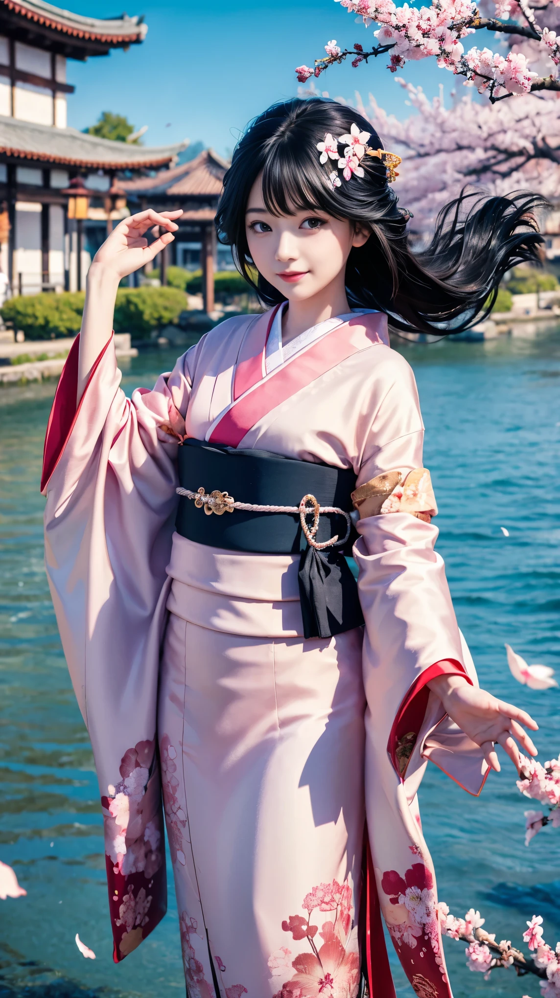 One girl,Black Hair, floating hair, Seaside,景color,landscape,cherry blossoms, Falling petals, Sunbeam,God&#39;s Rays,Upper Body,  color,dress,kimono