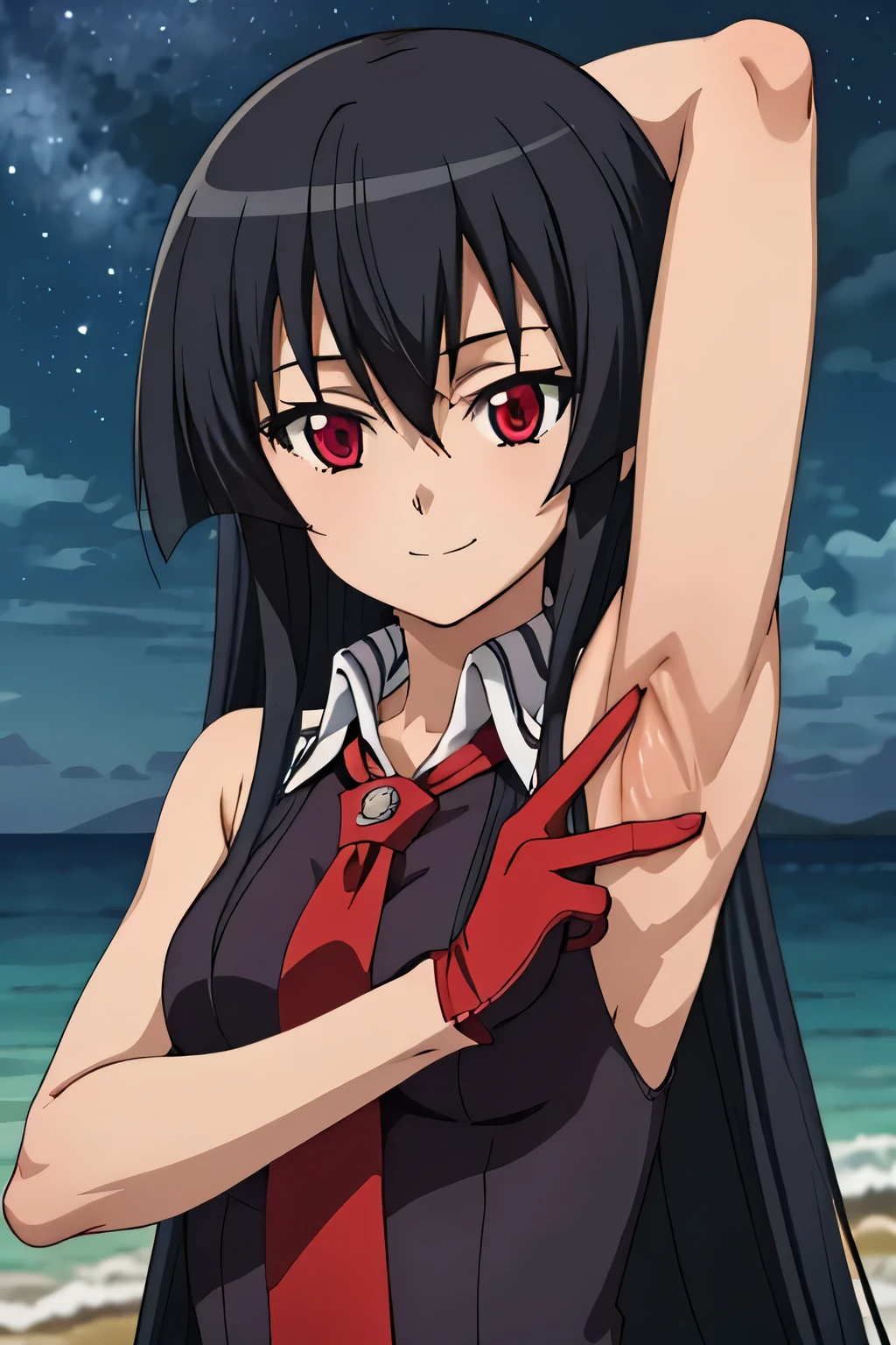 solo, 1girl, looking at viewer, 2D, anime, anime coloring, akame, necktie, sleeveless, looking at viewer, closed mouth, small smile, solo, night sky, beach, arms behind head, contrapposto, spread armpits, closed mouth, smile, upper body,