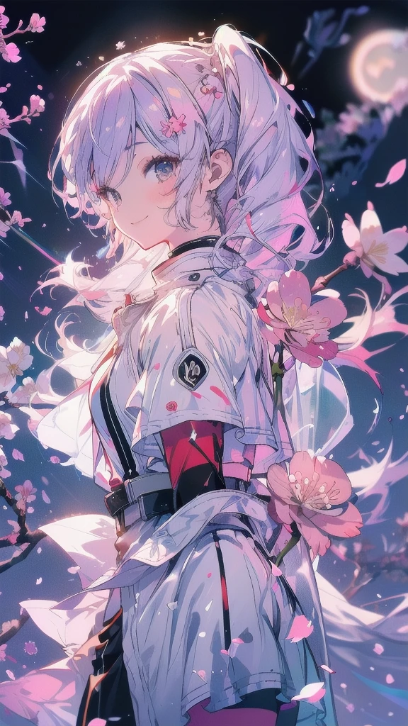 masterpiece, best quality, highres, 1girl frieren, white capelet striped shirt dress and twin tail, 1boy himmel, (cherry blossoms, cherry blossom, midnight, moon:1.3), boy is smile, girl is expressionless