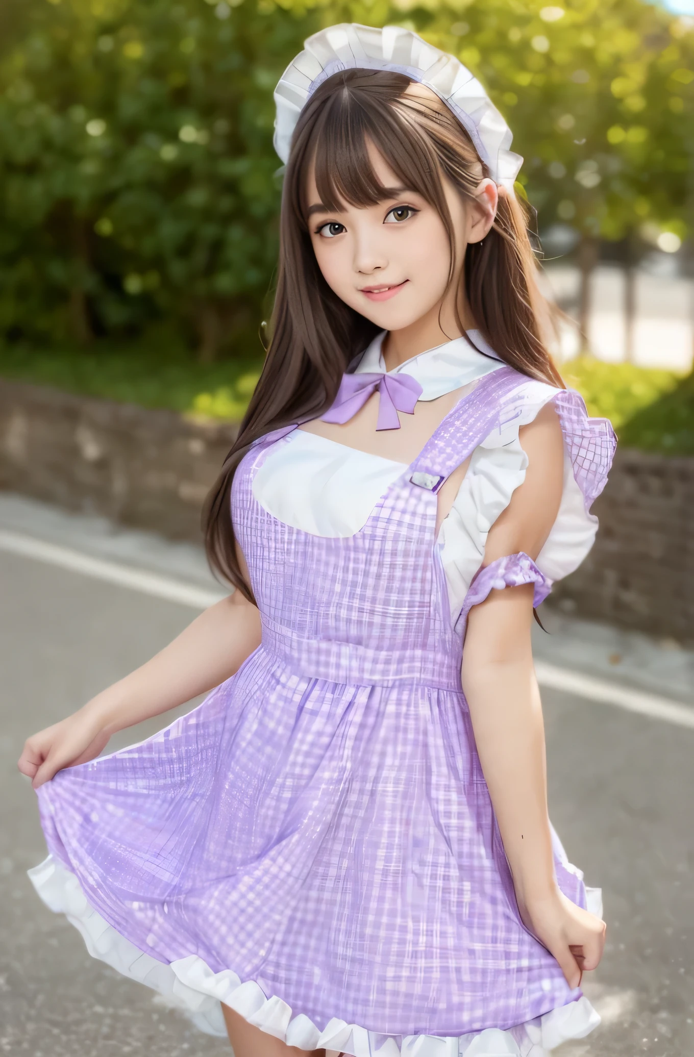 Angelic Very beautiful cute girl,14 yo,
Beautiful detailed eyes,
Detailed double eyelids,
(Large eyes:1.4),
Long straight brown hair,
see-through bangs,
Sharp Focus,small straight nose,
beautiful detailed face and eyes,
drooping eyes,
(Soft Saturation: 1.3), (Fair skin: 1.2),BREAK (pastel purple gingham maid costume :1.5),
(costume with strong reflective surfaces:1.5), Walking,
Costume lighting,
In the street ,
(Brown hair:1.3),(ginghham Maid costume:1.5), (smile:1.4),(slender:1.2)