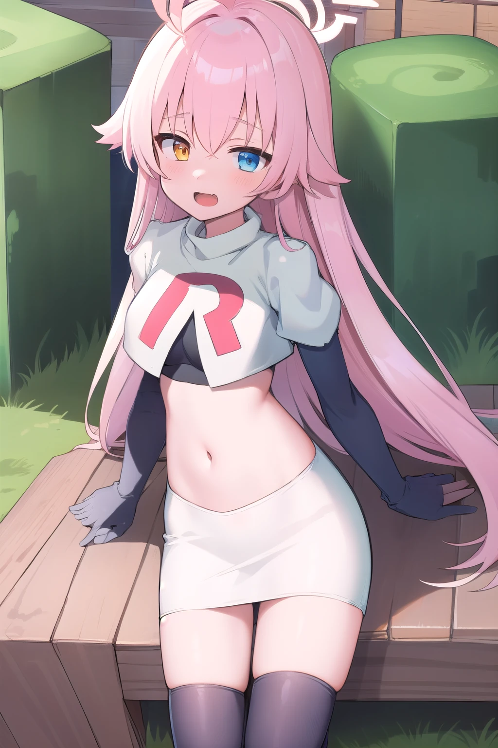 masterpiece, best quality, ultra-detailed, 1girl, hoshino, team rocket,team rocket uniform,white skirt,red letter R,crop top,black thigh-highs,black elbow gloves, outdoors