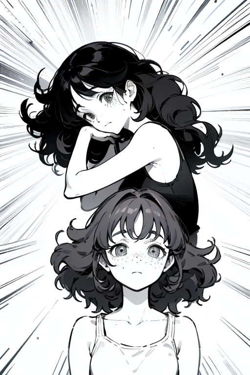 ((highest quality)), ((masterpiece)), (be familiar with), Perfect Face、Girl、Line art、Anime Style、Black tank top、Show the whole body、draft、Monochrome、Long Hair、Black Hair、cool、Calm、jeans、Very droopy eyes、upright、freckles、peek、Extremely curly hair、Curly hair、long hair、Expressionless、Resting her chin in her hand、Place the back of your hand under your chin