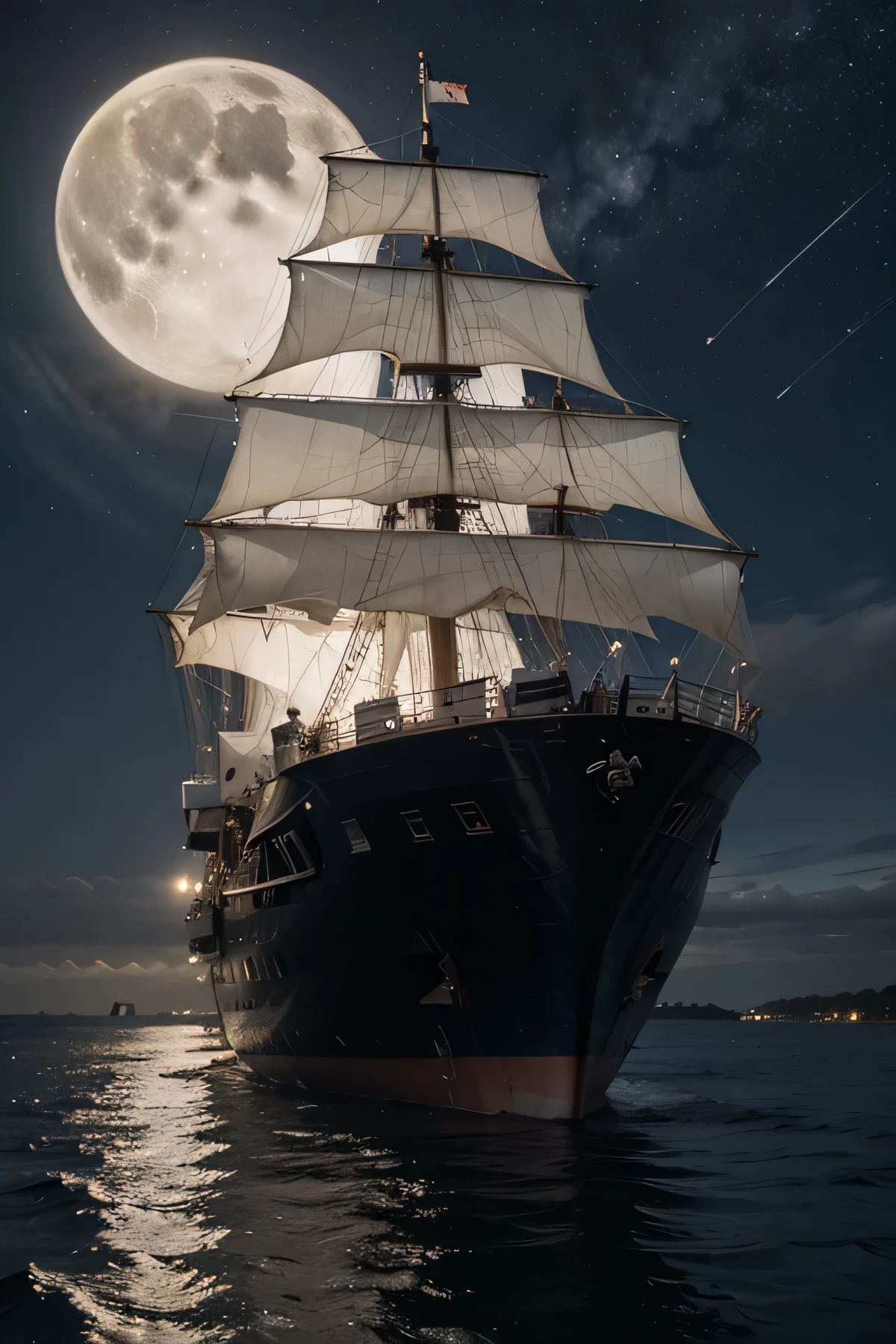 ((best quality)), ((masterpiece)), (detailed), perfect ship with dark sky , stars and half moon