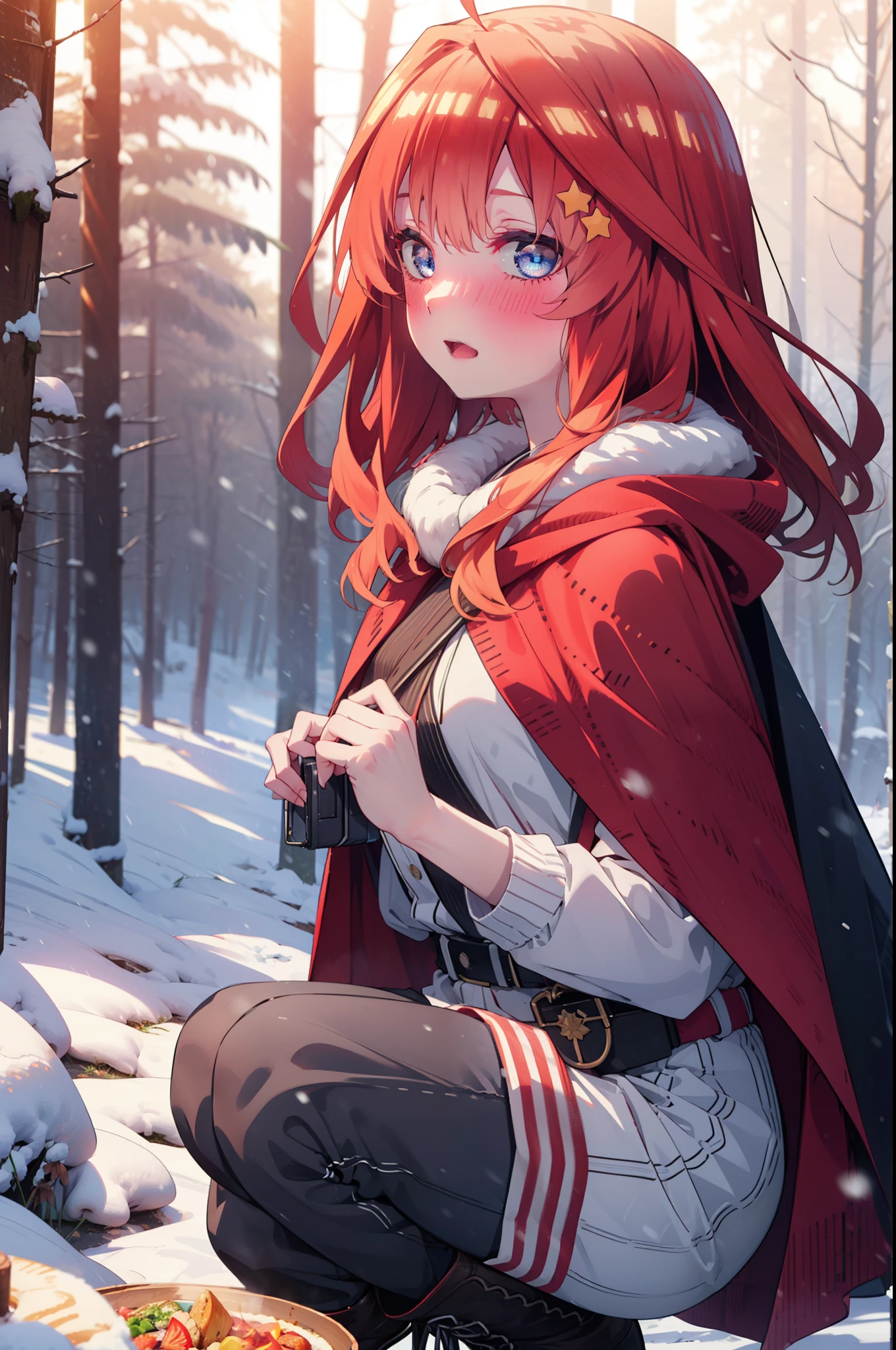 itsukinakano, Itsuki Nakano, bangs, blue eyes, Hair between the eyes, Ahoge, Redhead, star \(symbol\), hair ornaments, star hair ornaments,smile,blush,White Breath,
Open your mouth,snow, fire, Outdoor, boots, snowing, From the side, wood, suitcase, Cape, Blurred, Increase your meals, forest, White handbag, nature, Squat, Mouth closed, フードed Cape, winter, Written boundary depth, Black shoes, red Cape break looking at viewer, Upper Body, whole body, break Outdoor, forest, nature, break (masterpiece:1.2), highest quality, High resolution, unity 8k wallpaper, (shape:0.8), (Beautiful and beautiful eyes:1.6), Highly detailed face, Perfect lighting, Highly detailed CG, (Perfect hands, Perfect Anatomy),