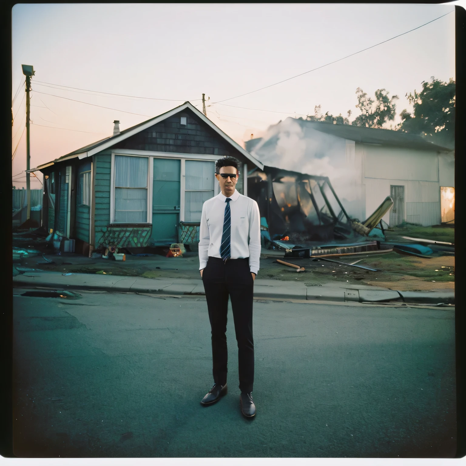 Full body handsome man 30 y.o,standing, burning house in the background. polaroid