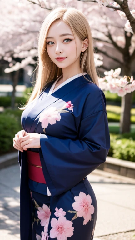 girl,Cherry Blossom Park,Blonde hair and blue eyes,Japanese style yukata kimono,Archaic Smile,Nordic features,Saggy big breasts,Ideal Style,The background is a row of cherry blossom trees,Natural Makeup