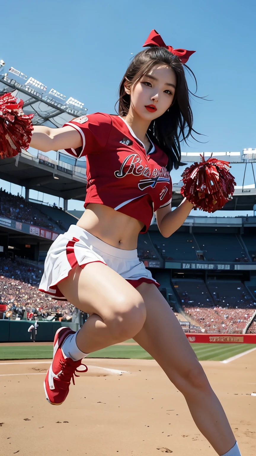 Beautiful girl, Korean makeup, Red lips, medium body, medium chest, femoral, baseball cheerleader outfit, jumping position, stadium landscape