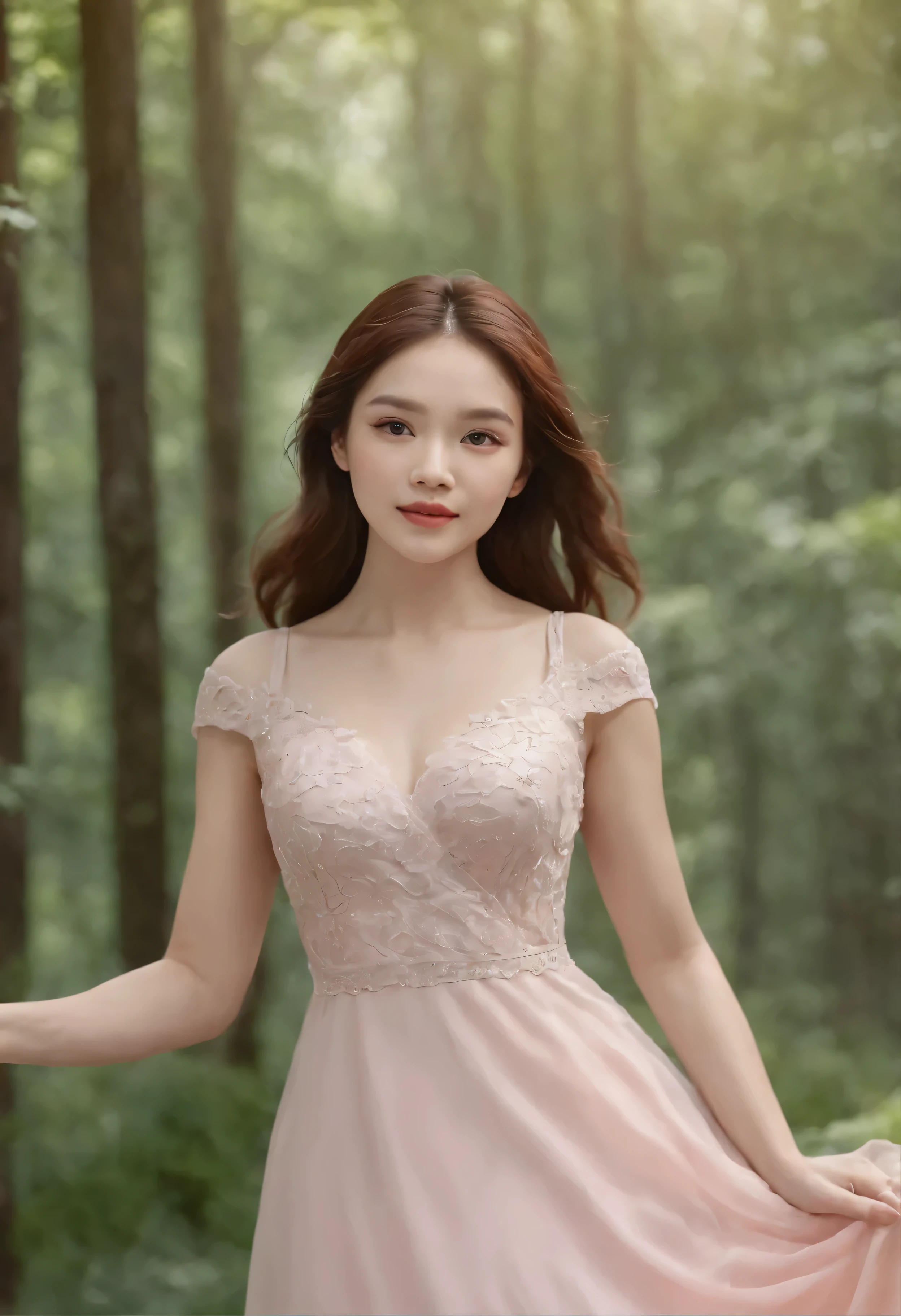 A girl who looks happy、Full of joy、In the center of the frame、Looking straight at the camera。Her approach to perfection in a pink dress、Surrounded by the calming shades of forest green、Emphasis is placed on taking dynamic steps。Highly detailed digital painting、Meticulously crafted with art by ArtStation and Karne Griffith and Vadim Kashin、Captures all the intricate lines and curves。Smooth and sharp focus、Bring out realistic textures、Bring out the captivating details of her beautiful, expressive face。