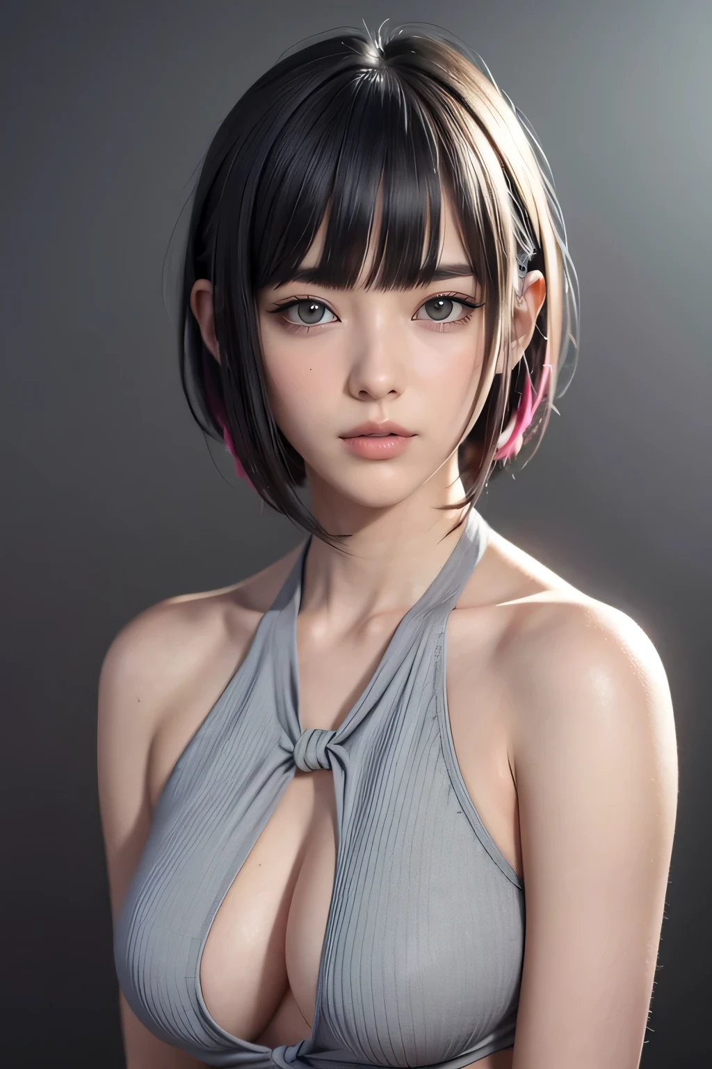 ４ｋ、Beautiful Eyes、whole body、Colorful Hair（gray）、whole bodyポートレート、Beautiful background、Tied Hair、Bobcut、textured skin, ccurate, highres, super detail