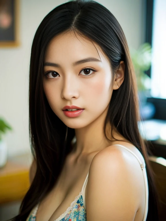 ((masterpiece)), (((best quality))), ((ultra-detailed)),  (Amazing:1.1) (best quality,masterpiece:1.2),detailed, fumika baba, beauty japanese girls in a bralettes top at apartment , perfect body, busty breast, beauty long black hair, perfect saturation, perfect eyes, perfect face, perfect lighting, vibrant colors, elegant pose, innocent expression, delicate features, stunning beauty, realistic skin texture, glossy lips, look lonely