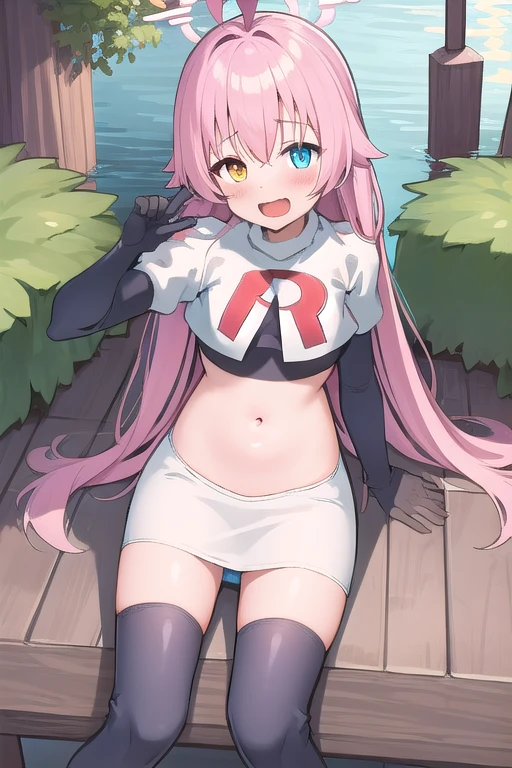 masterpiece, best quality, ultra-detailed, 1girl, hoshino, team rocket,team rocket uniform,white skirt,red letter R,crop top,black thigh-highs,black elbow gloves, outdoors