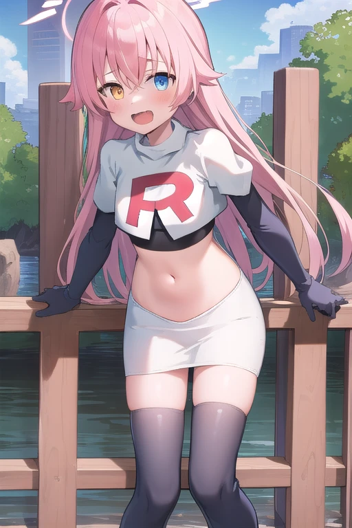 masterpiece, best quality, ultra-detailed, 1girl, hoshino, team rocket,team rocket uniform,white skirt,red letter R,crop top,black thigh-highs,black elbow gloves, outdoors