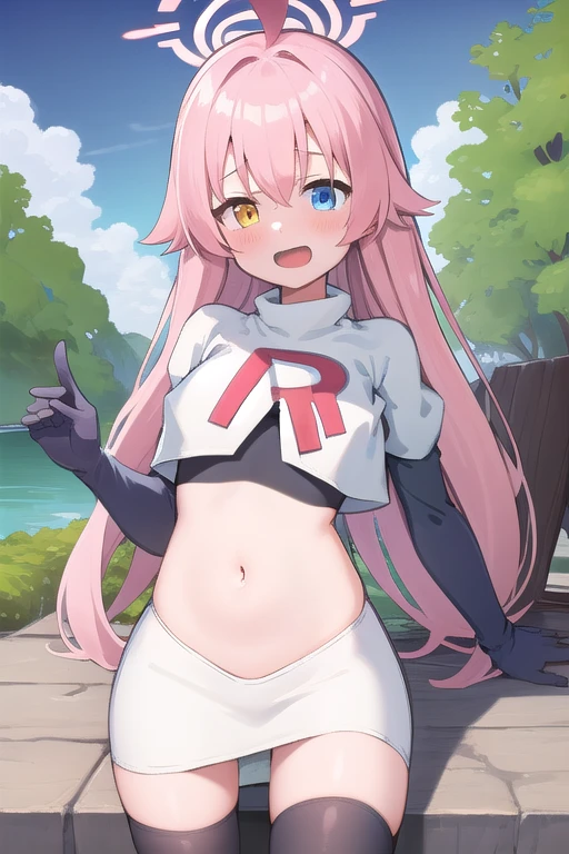 masterpiece, best quality, ultra-detailed, 1girl, hoshino, team rocket,team rocket uniform,white skirt,red letter R,crop top,black thigh-highs,black elbow gloves, outdoors 