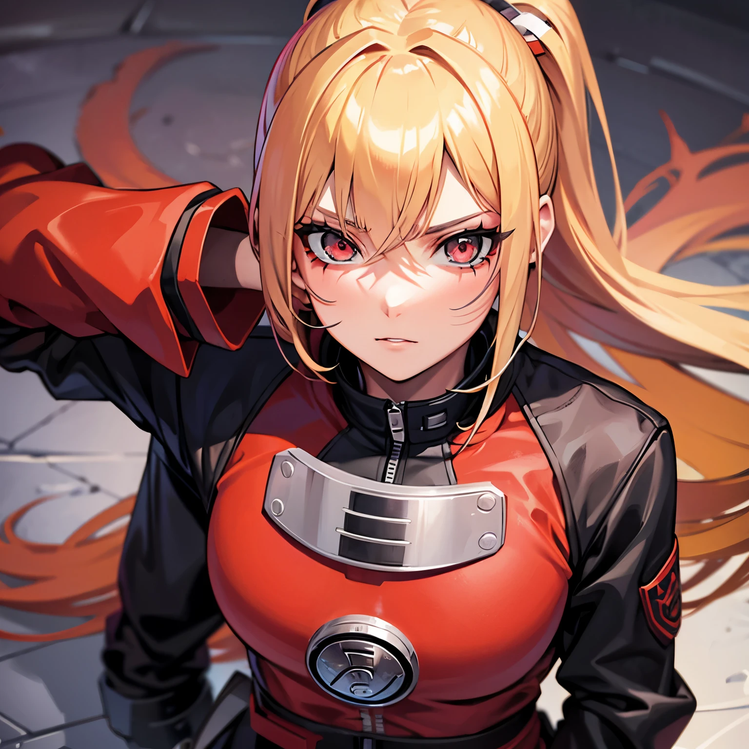 Estilo Naruto animez rubia con mechas rojas, ojos celestes, marcas en el rostro