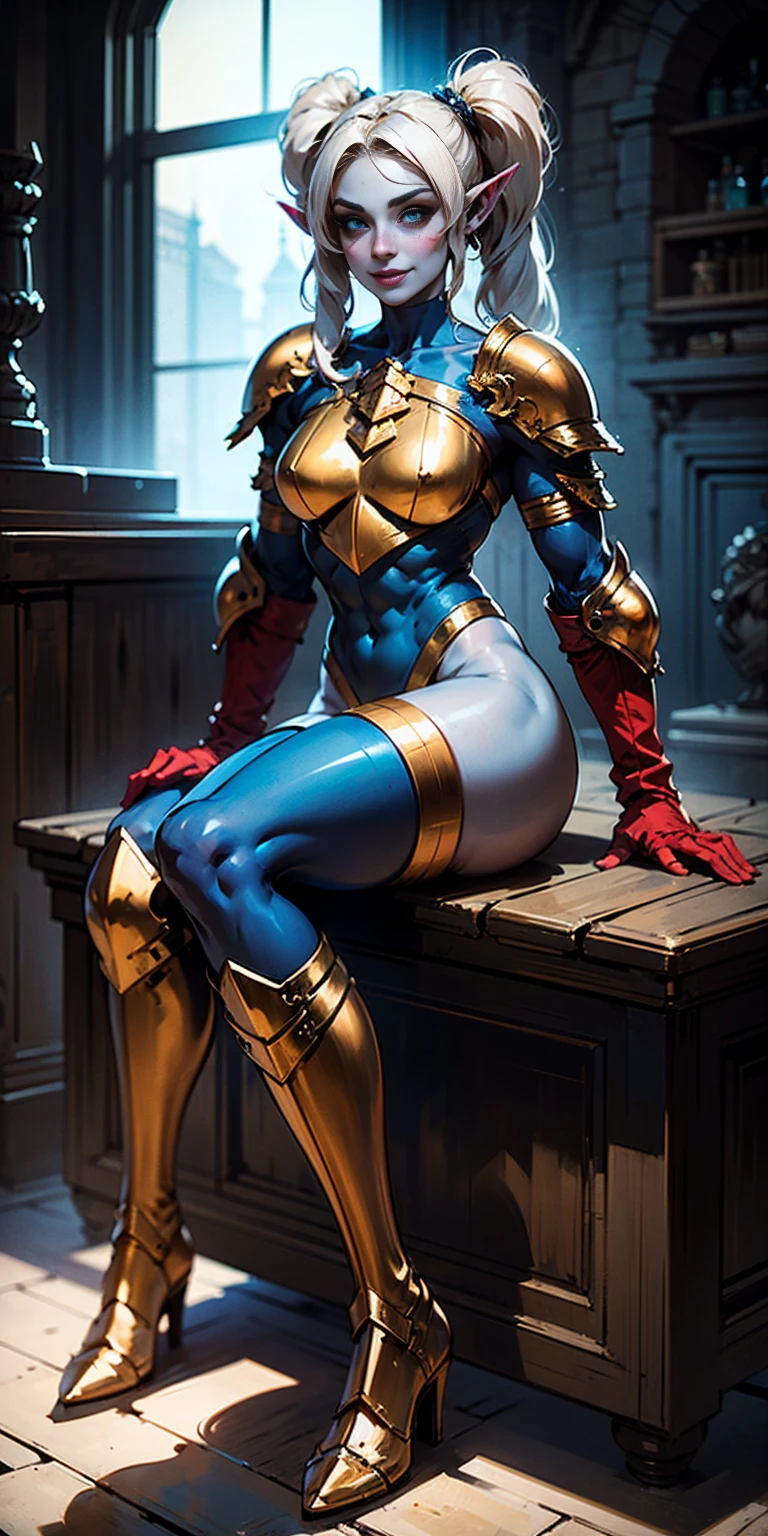 full body sitting on a bench showing ass to me, BLUE breastplate, BLUE skin (1girl)(BLUE skin:1.2), looking at viewer, shiny, armor, thigh highs, high boots, pauldrons shoulder armor, faulds, poleyn, gloves, gauntlets, rerebrace armored boots, (masterpiece, best quality, ultra-detailed, best shadow) yordle pointy ears muscular lean platinum blonde long twin-tails hairstyle at the office lustful smirking smile face red blushed, blush, strong abs, female body builder, tiara, twin drills hair
