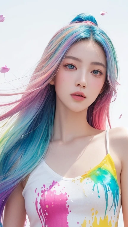 （Pink fashion T-shirt：1.9），（Colorful hair：1.8），（Rainbow all colors：1.8），（（（（Vertical painting：1.6)）），（painting of a：1.6），frontage，largeeyes,crystal-clear,（rainbow color gradient high ponytail：1.7）,Delicatemakeup,Keep one's mouth shut,(Small Fresh:1.5),long eyelasher,White shoulder T- shirt, White Shoulder Shirt，looking at viewert，watery big eyes，（plumw：1.6），（Raised sexy：1.6），（medium boob：1.9），mediuml breasts，(rainbow colour hair：1.6), colored splashing, （Solo：1.8）, colored splashing, Color explosion, Color splattering, Color explosion, Thick lacquer style，Messy lines，((Shining)) ，(Colorful), (Colorful), (Colorful), Colorful, Thick Paint Style, (Splash) (colored splashing), Vertical painting, The upper part of the body, paint splatter, Acrylic Pigment, Gradient, Paint, Highest image quality, Highest image quality, Masterpiece, Solo, Depth of field, facepaint, Colorful clothes, (ellegance: 1.2), opulent, long whitr hair, ventania, (ellegance: 1.3), (petals: 1.4)，(((Masterpiece))),(((Best quality at best))),((ultra - detailed)),(illustratio),(dynamic angle),((floatking)),(Paintwork),((Loose hair)),(Solo),(1girll) , (( (Detailed anima face))),((Beautiful detailed face)),collars,exposed bare shoulders,whaite hair,((The color hair)),((Striped hair)),Beautiful detailed eyes,(Gradient color eyes),(( （Colored eyes））），（（（coloured background））），（（（high saturated））），（（（Surrounded by colorful splashes））），