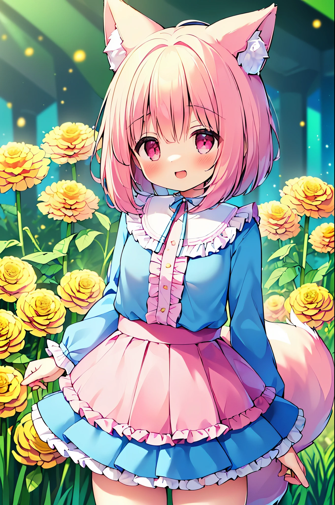 (((masterpiece))), (((最high quality))), (((high quality))), (((beautiful))), (((8K))), (((High resolution)) (((超High resolution))), (((High resolution))), (((Transcendent Technique Illustration))), (Pink Short Hair:1.3), (Pink fox tail:1.4), (Pink fox tail:1.2), Pink fox ears, (Pink Eyes), (Super small breasts:1.5), (Ultra-flat chest:1.4), (Cowboy Shot:1.3), (laughing:1.3), (Marigold flower garden:1.4), (in the forest:1.2), (Super cute blue blouse with frills:1.3), (Pink pleated skirt with frills:1.3)